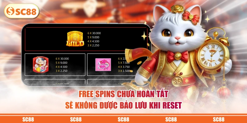 Neko May Mắn - Vòng Quay Nổ Hũ Săn Thưởng Jackpot Đều Tay 4 Free Spins chưa hoàn tất sẽ không được bảo lưu khi reset